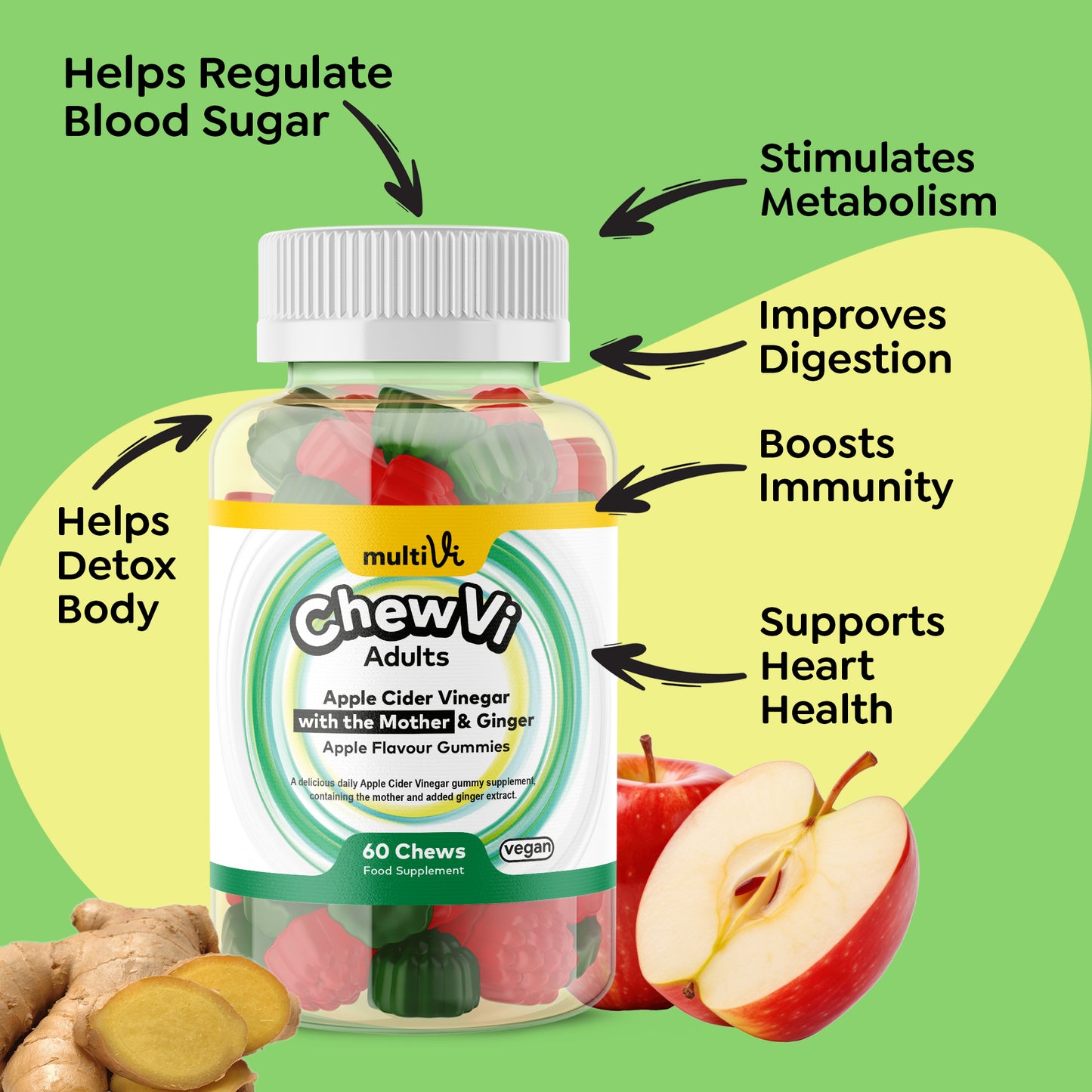 Apple Cider Vinegar (with the Mother) & Ginger Gummies - Apple Flavour