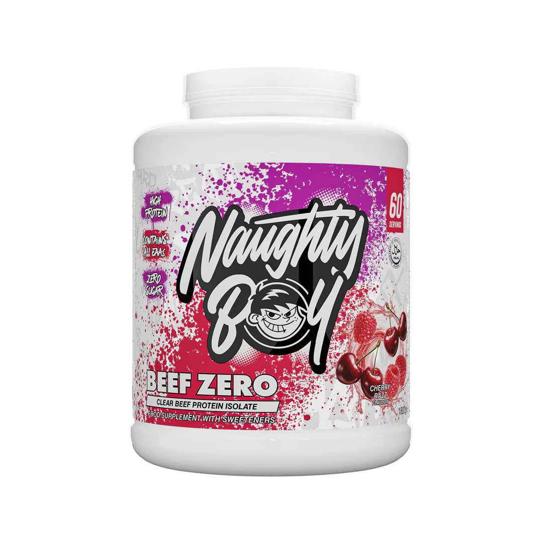 Tub of Icherry razz flavoured Beef Zero Protein supplement container with &
