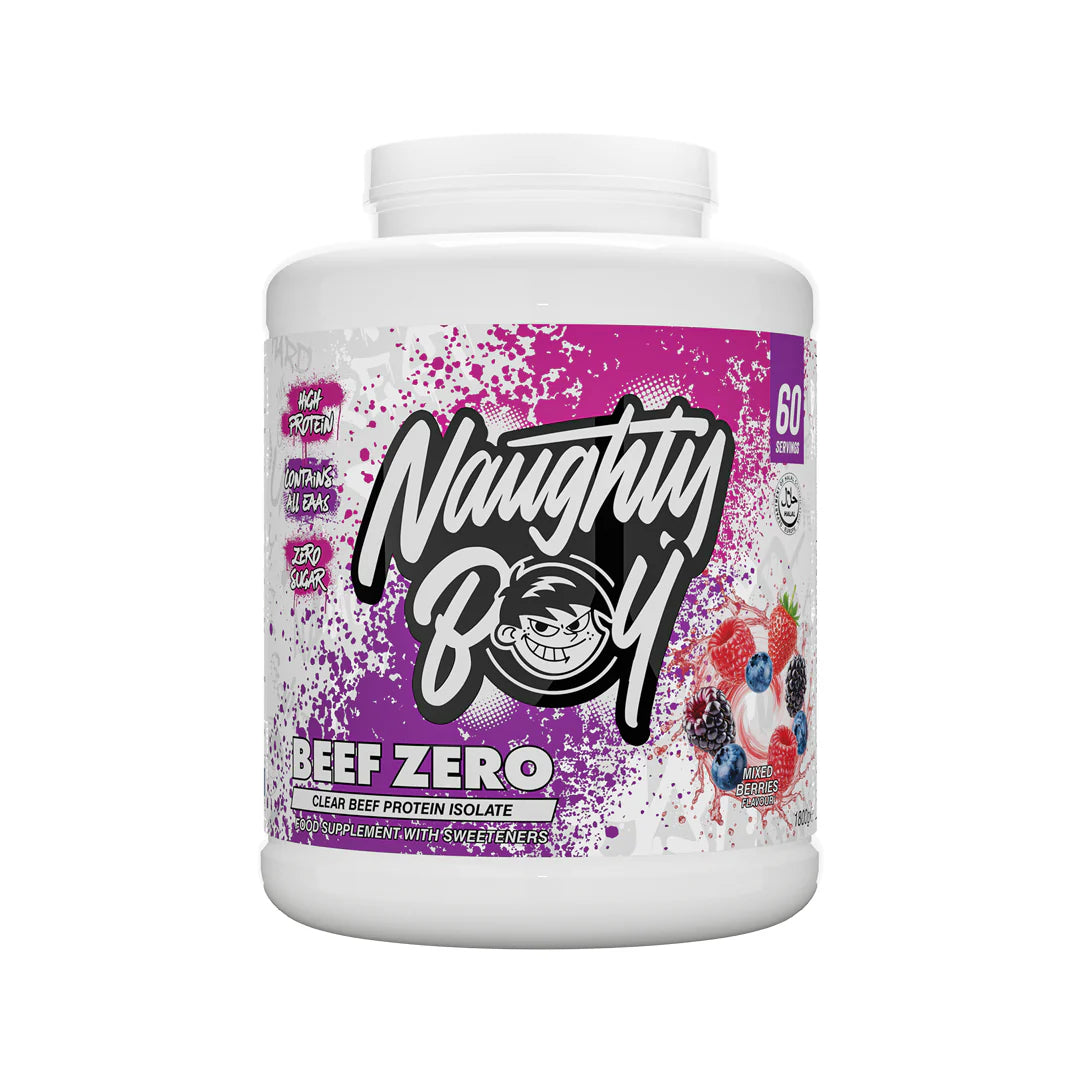 Tub of mixed berry flavoured Beef Zero Protein supplement container with &