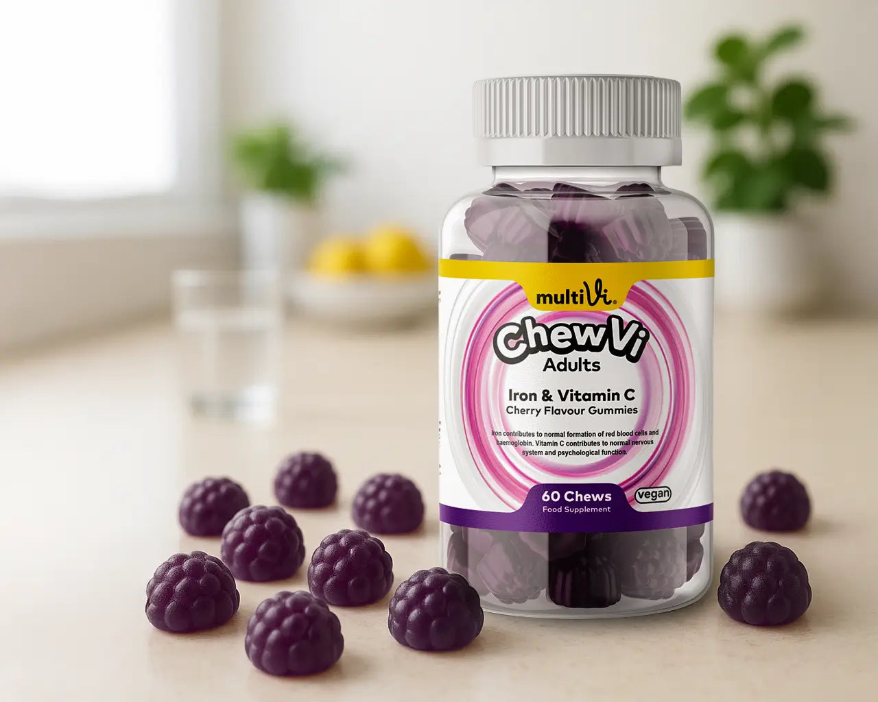 Multivitamin gummy bottle with loose scattered gummies on a light surface