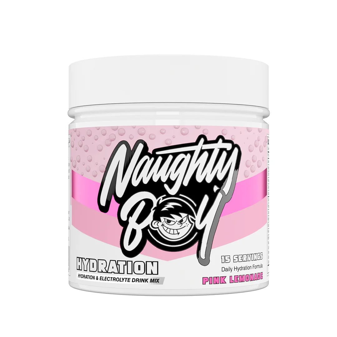 Naughty Boy pink lemonade hydration drink mix container with pink and white design