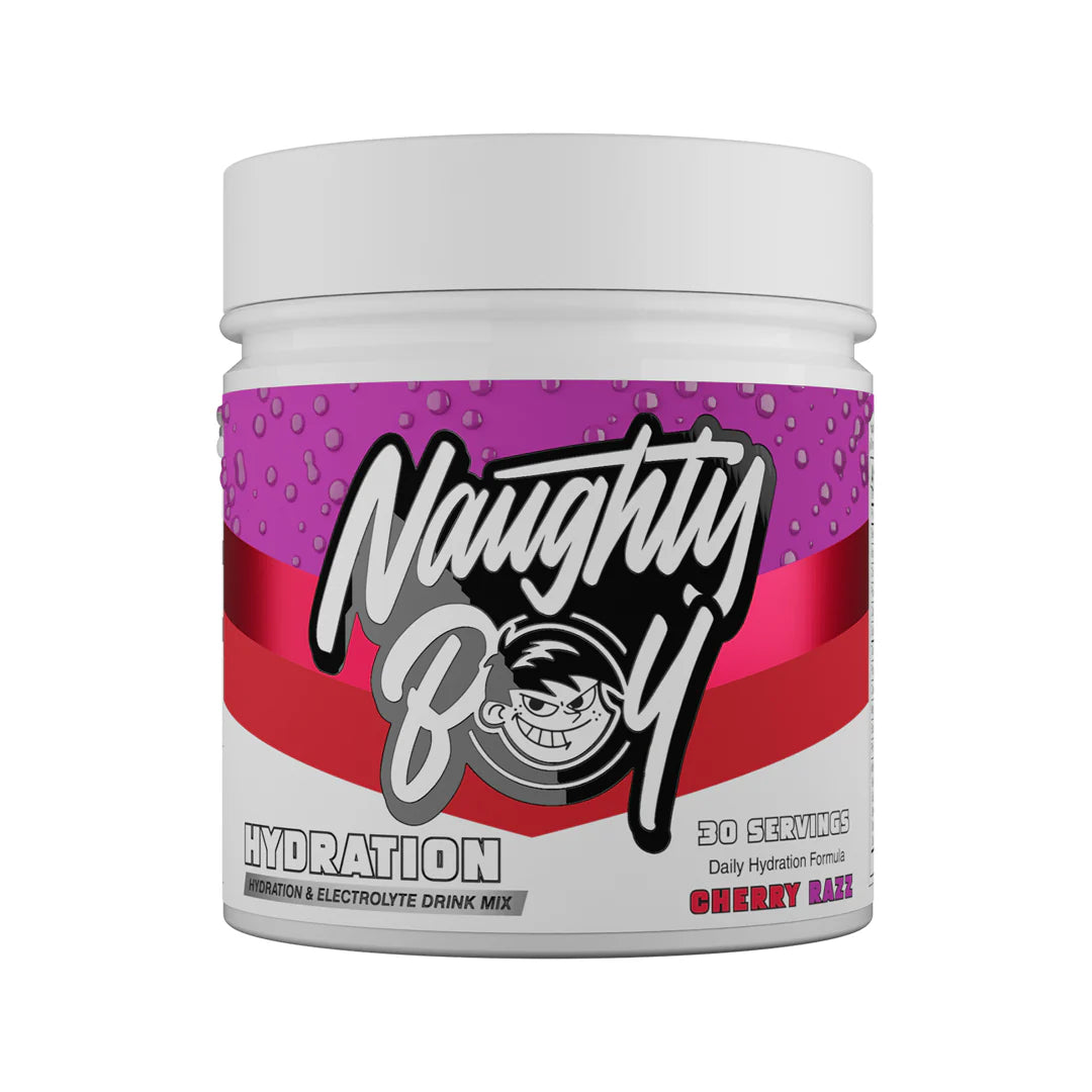 Pink and white container of Naughty Boy Hydration Cherry Razz Flavour Drink mix on a white background