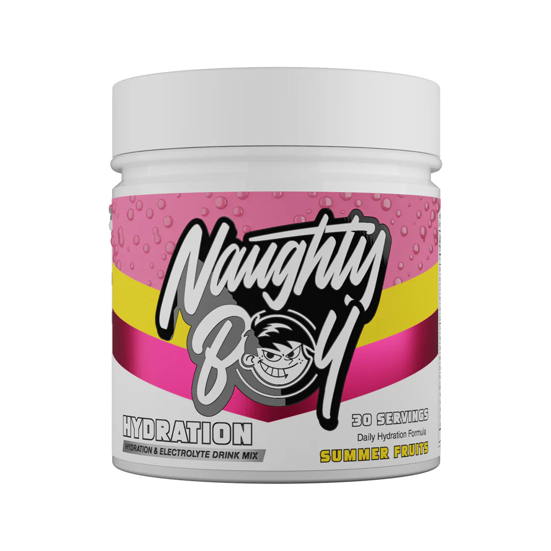 Pink and white container of Naughty Boy Hydration summer fruits flavour drink mix on a white background