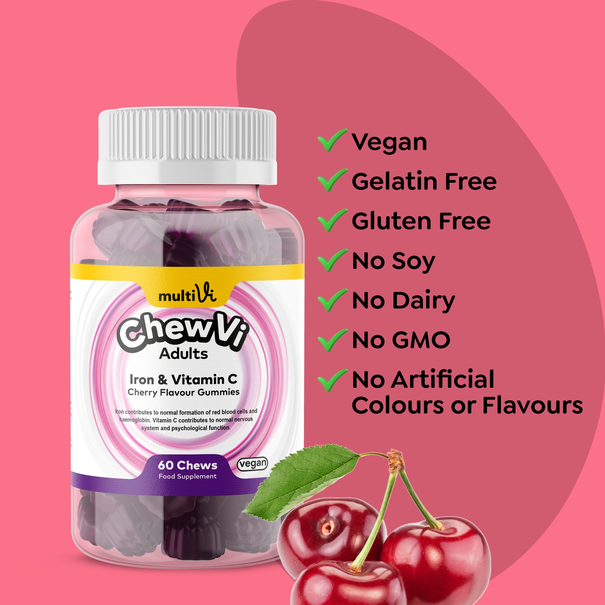 Chewvi Iron & Vitamin C Adult gummies by Multivi on a orange and dark pink background with checklist of allergens and dietary requirements