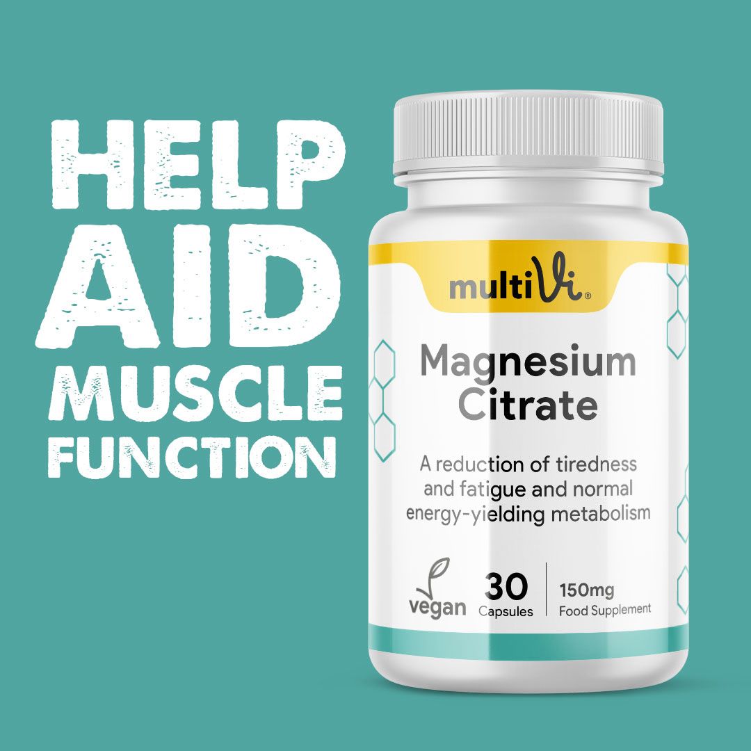 Multivi magnesium citrate capsules on a teal background with benefit statement of "muscle function"