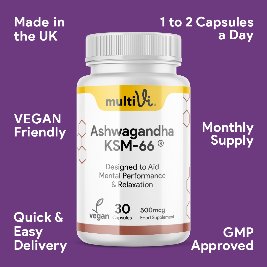 Multivi Ashwagandha KSM-66 supplement bottle on a purple background with text about product features.