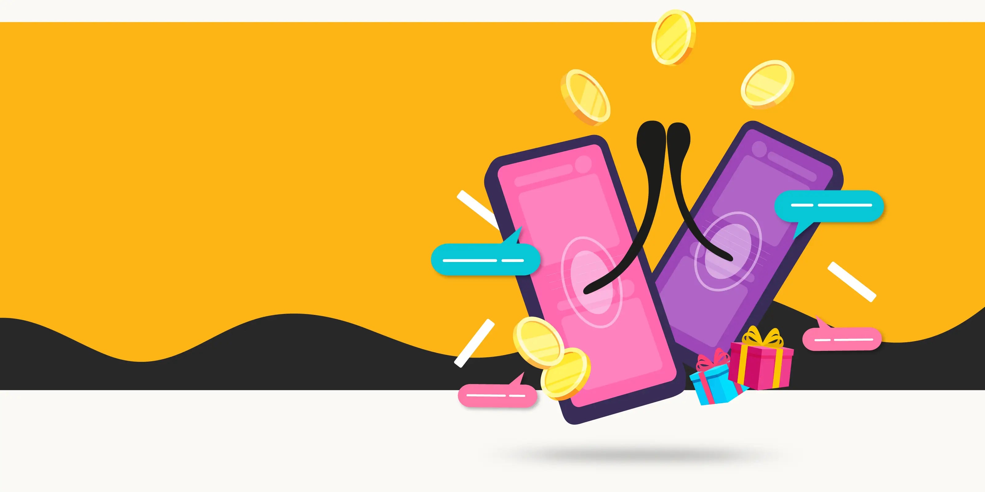 Two illustrated phones with Multivi character arms High fiving in the middle, surrounded by coins and gifts for refer a friend