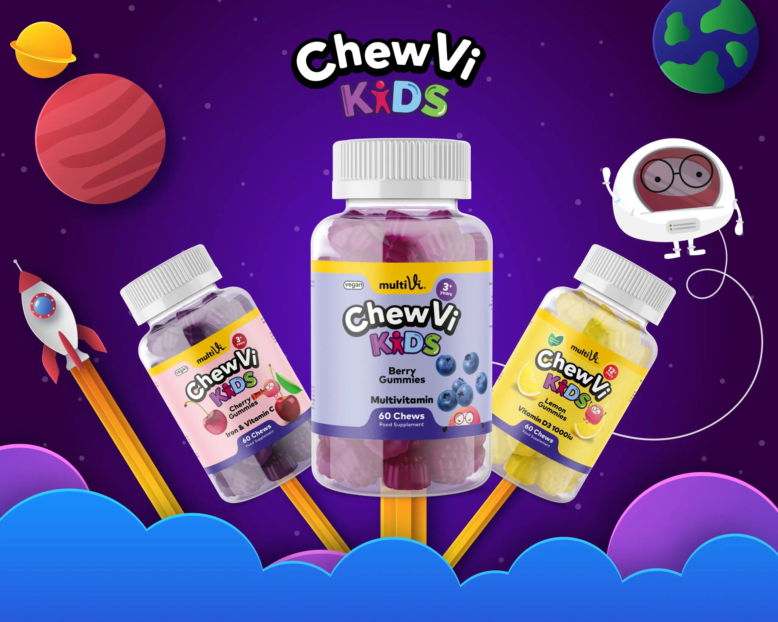 Chew Vi Kids multivitamin gummies with space-themed background