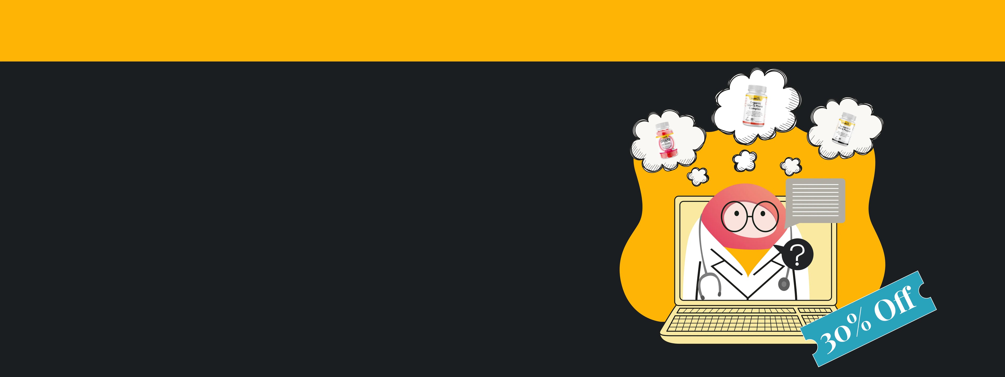 Cartoon character with a laptop, stethoscope, and '30% Off' sign on a black background for health quiz and personalised nutrition