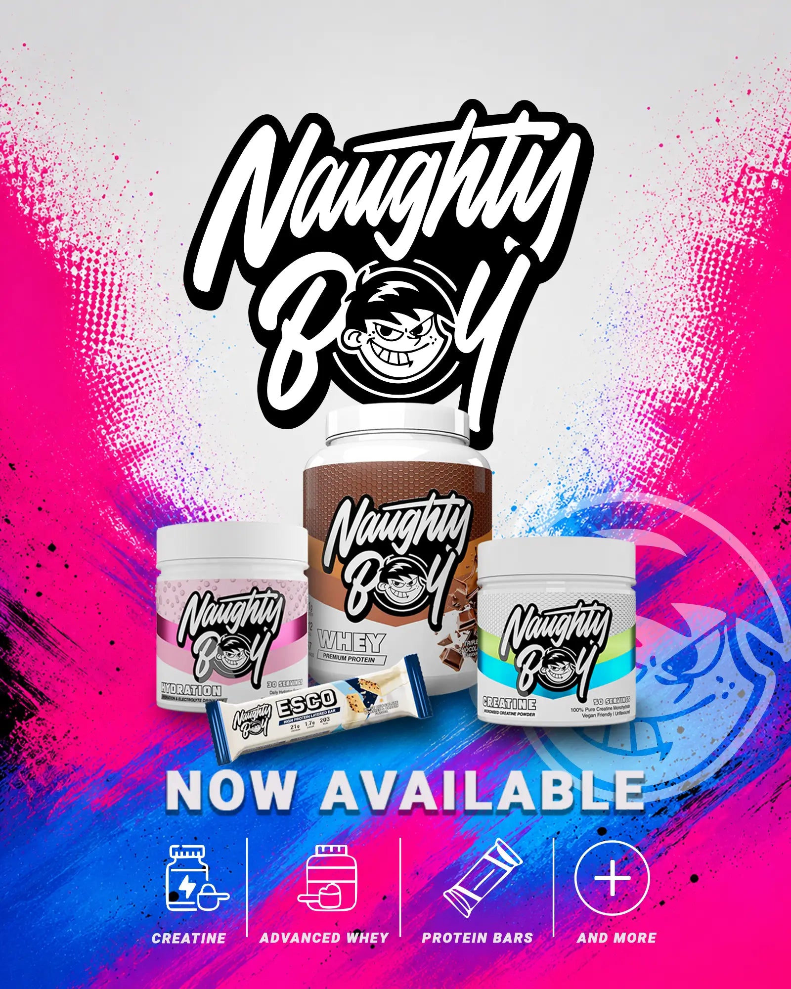 Naughty Boy supplements range now available, including whey protein, creatine, hydration powder and protein bars