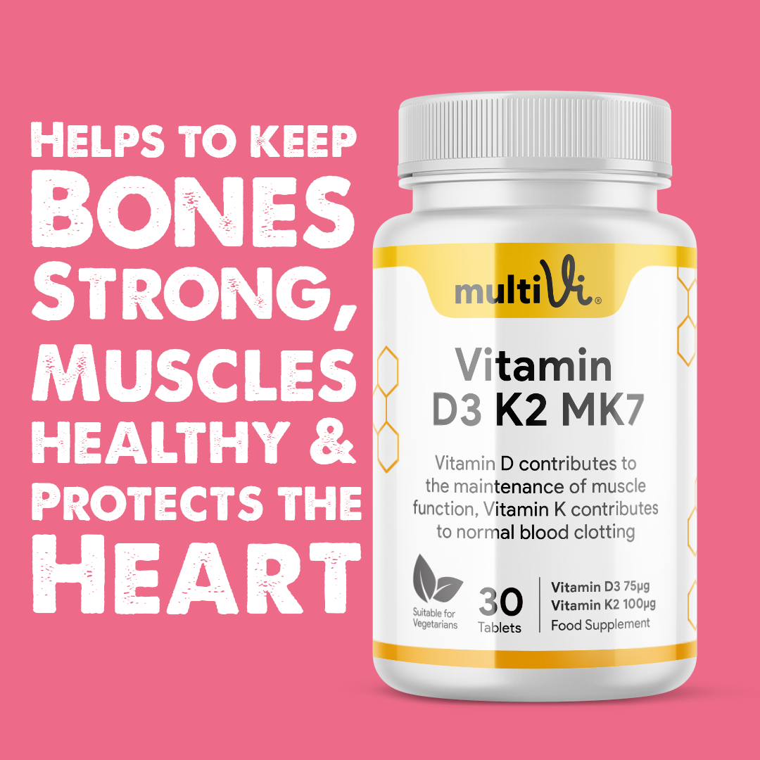 Multivi Multivitamin Vitamin D3 K2 MK7 supplement bottle with text on a pink background and benefit statement text