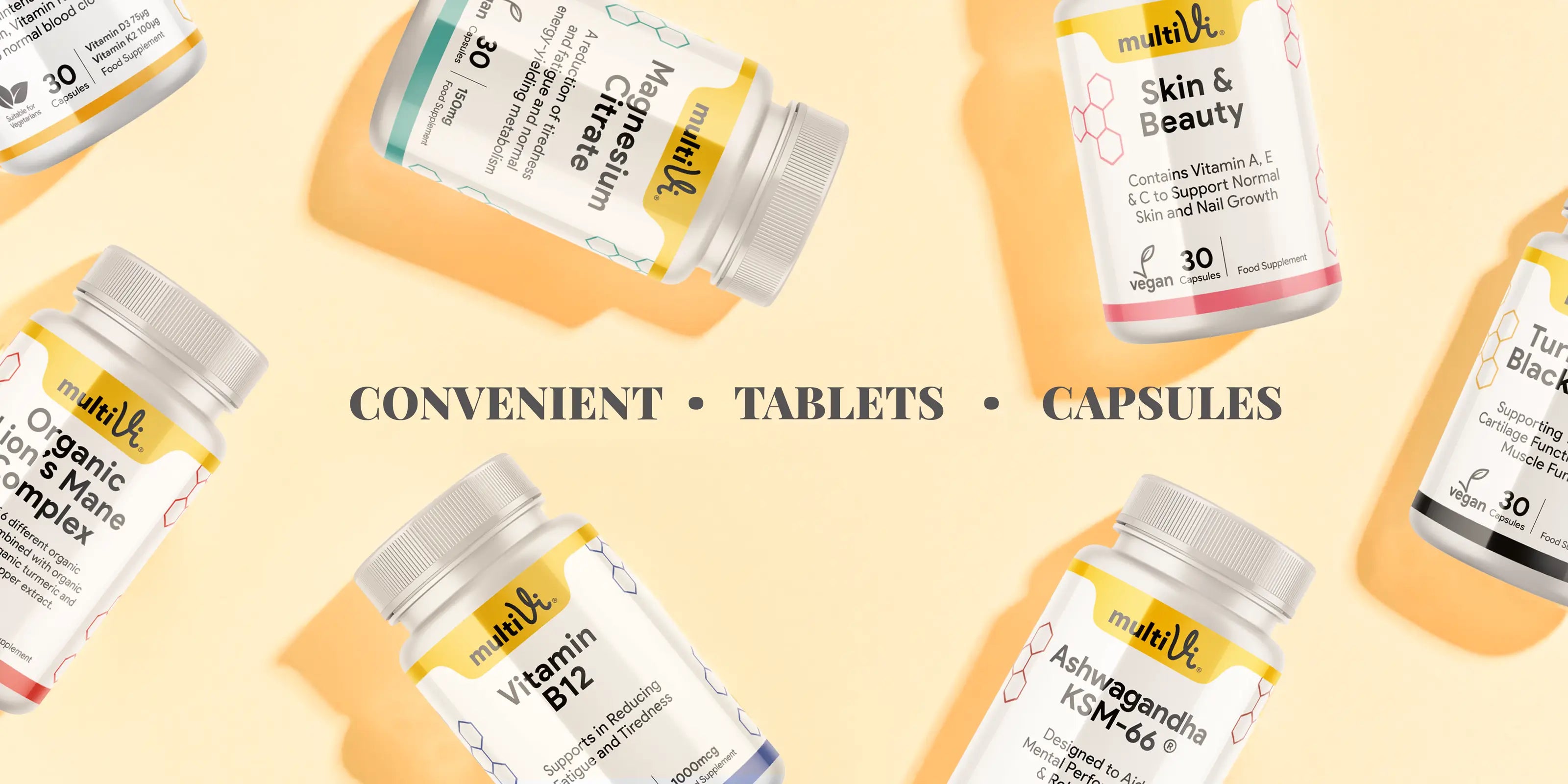 Various multivitamin supplement bottles on a beige background with text indicating types of products.