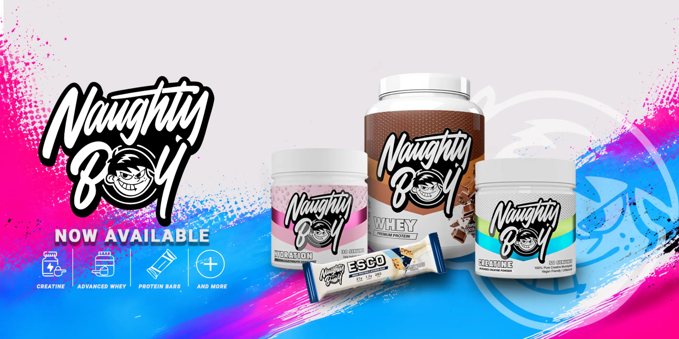 Naughty Boy supplements now available with whey protein, creatine, hydration and protein bars