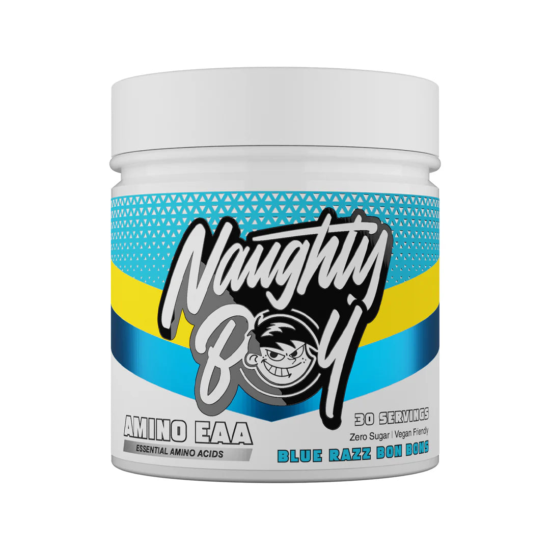 Colourful tub of Naughty Boy Blue Razz Bon Bon Amino EAA on white background