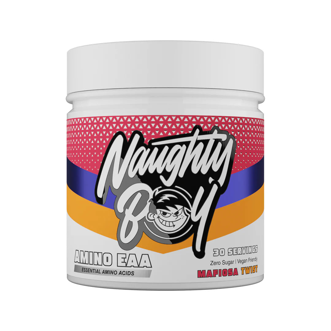 Colourful tub of Naughty Boy Mafigsa Twist Amino EAA on white background