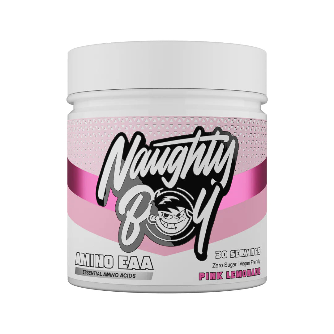 Colourful tub of Naughty Boy Pink Lemonade Amino EAA on white background