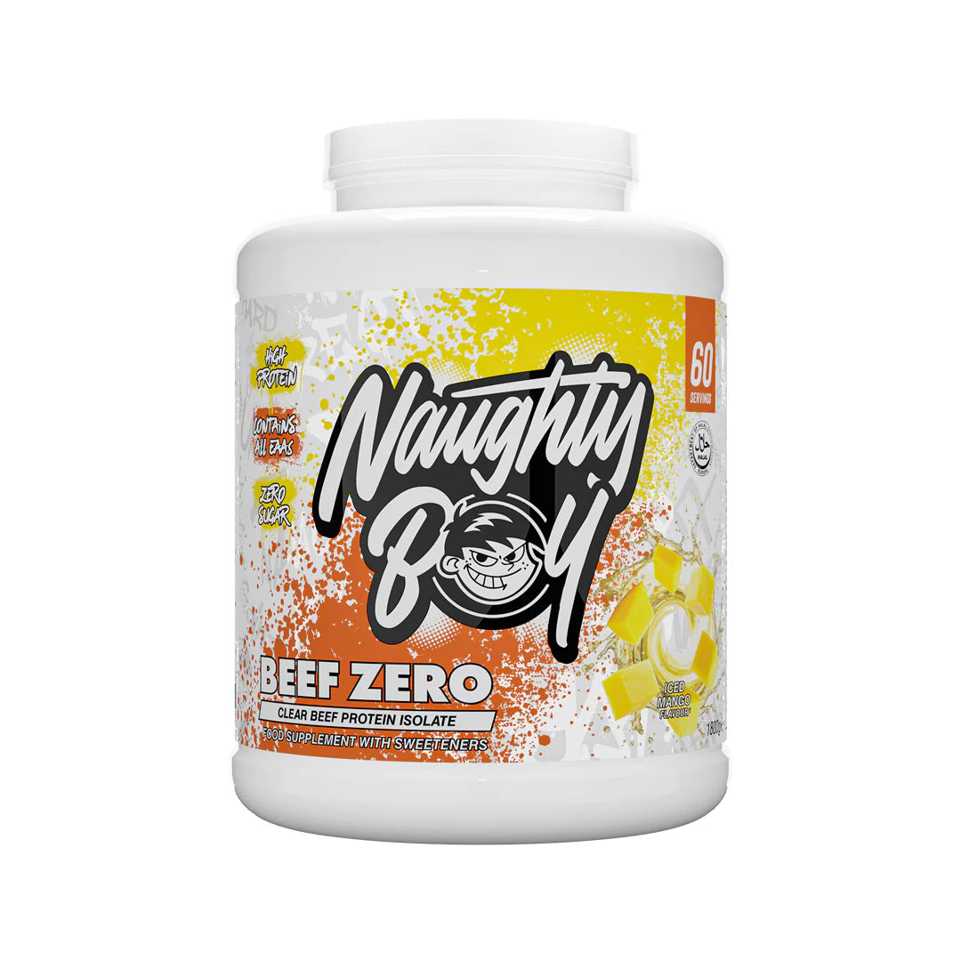 Tub of Iced Mango flavoured Beef Zero Protein supplement container with &