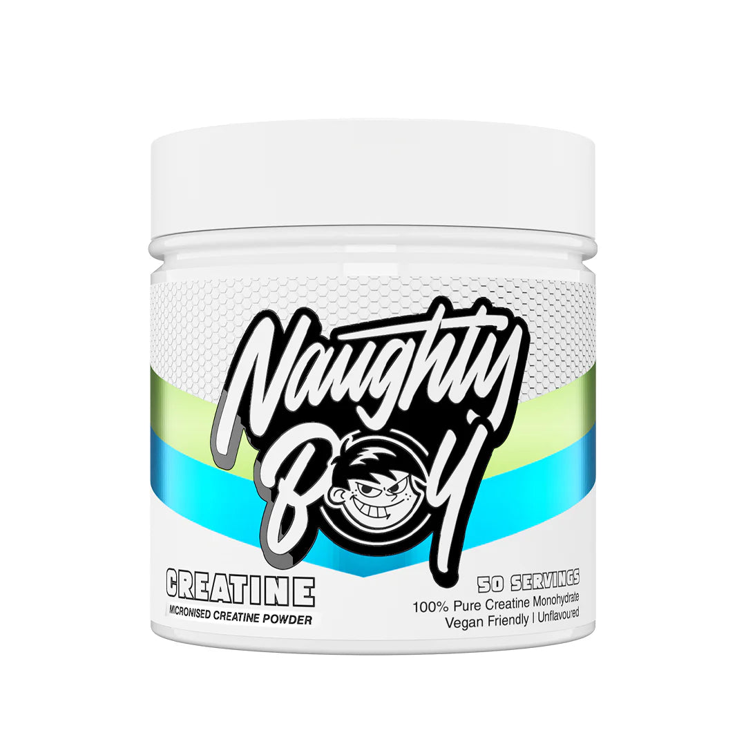 Container of Naughty Boy creatine powder on a white background