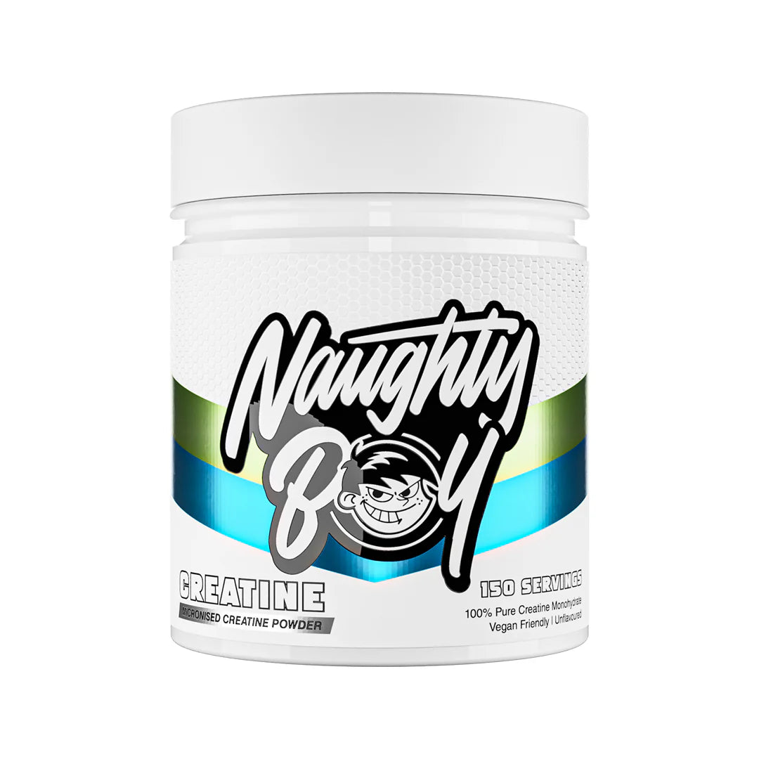 Container of Naughty Boy creatine powder on a white background