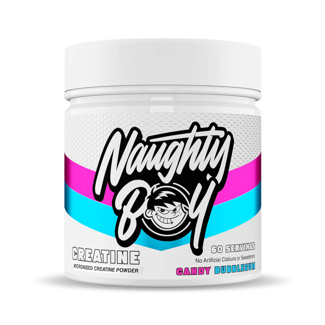 Candy Bubblegum Flavoured Naughty Boy Colourful Creatine Tub on White Background