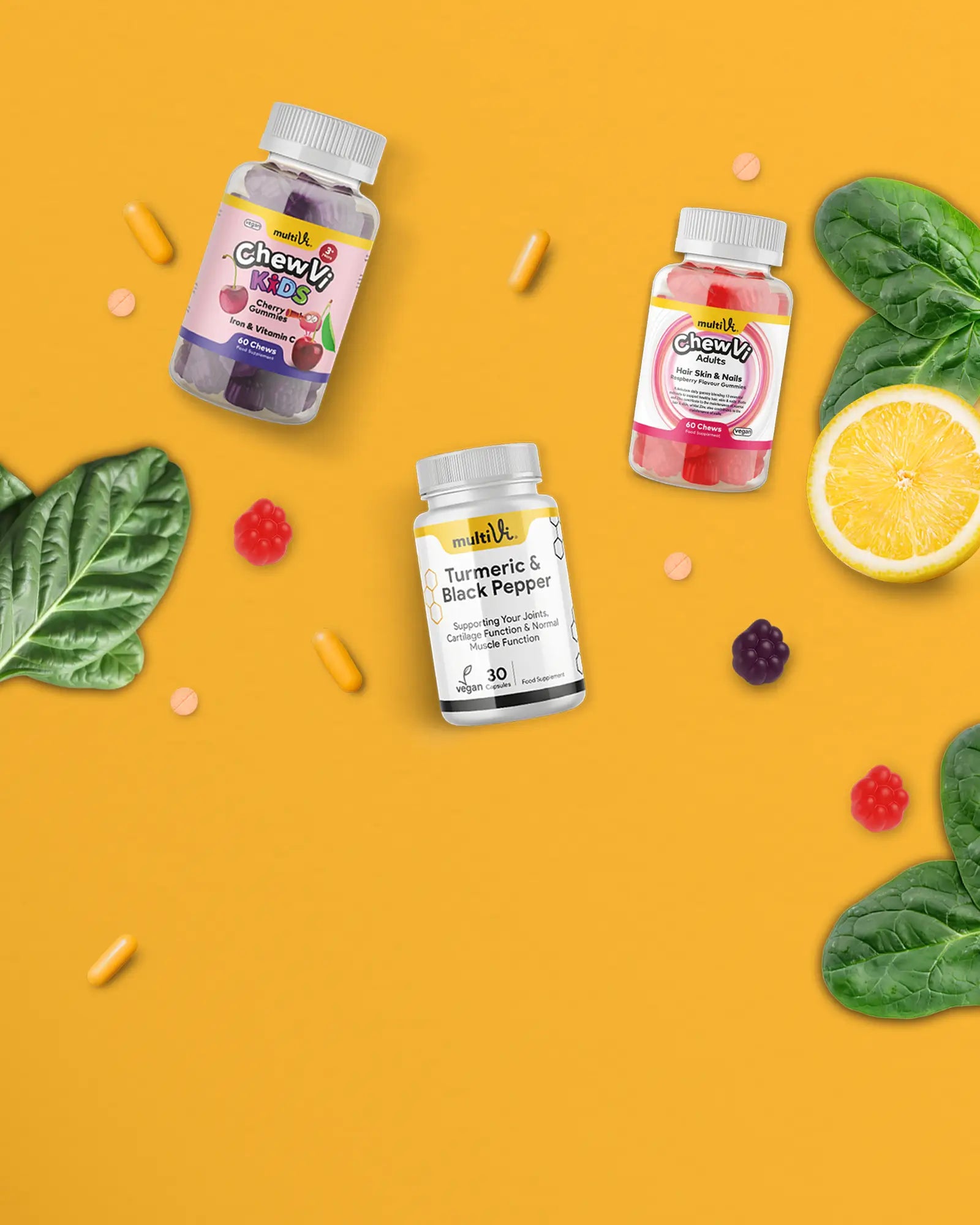 Multivi Supplement bottles on a yellow background with vitamins and herbs