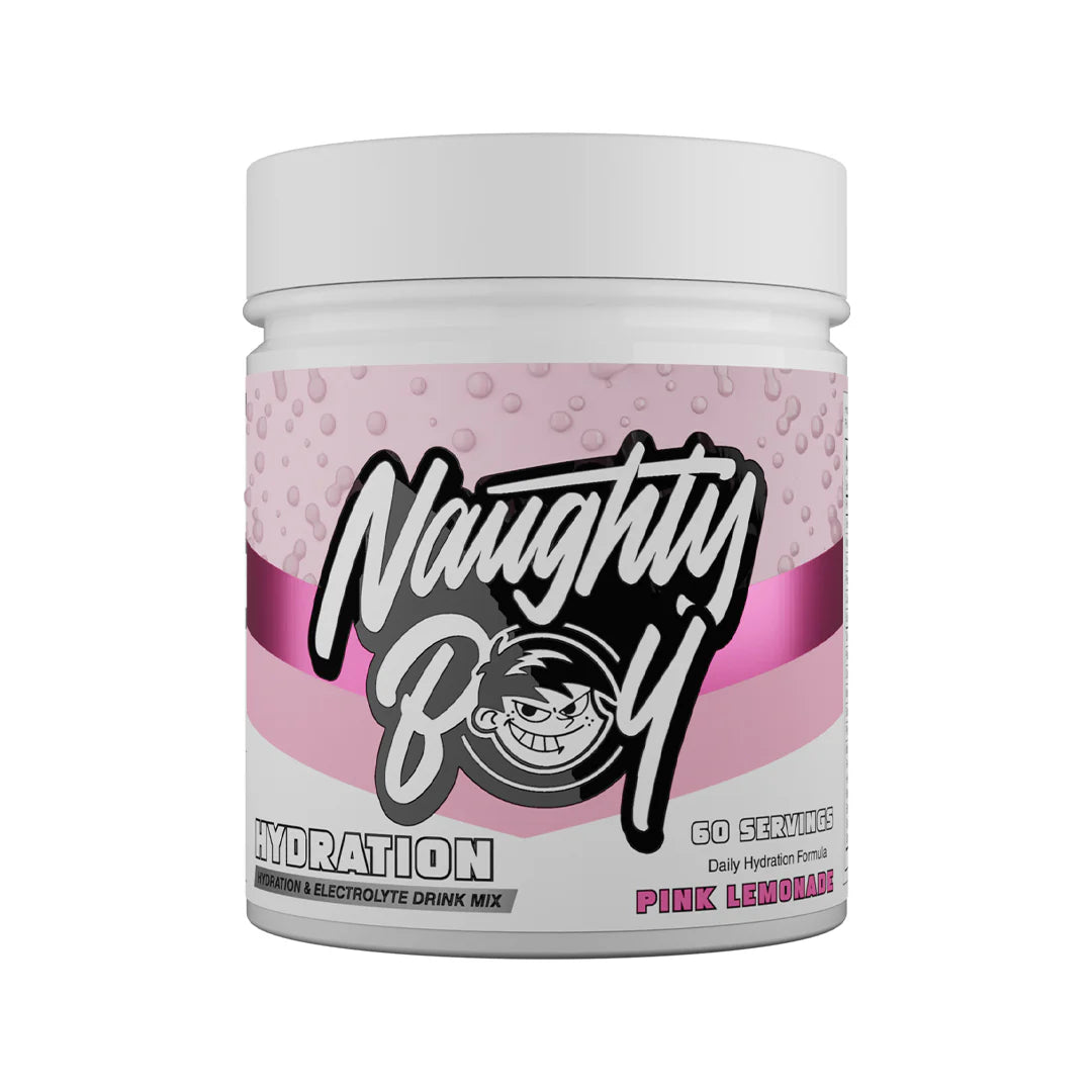 Pink and white container of Naughty Boy Hydration pink lemonade flavour drink mix on a white background