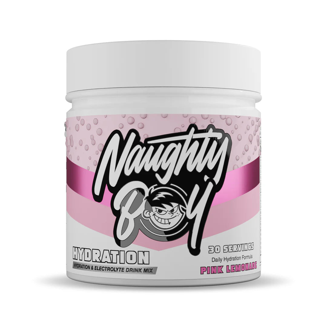Pink and white container of Naughty Boy Hydration pink lemonade flavour drink mix on a white background