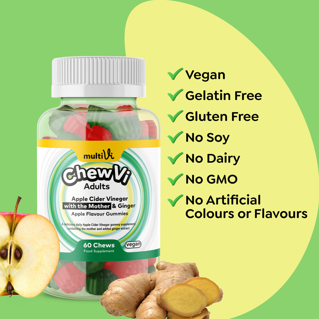 Chewvi Apple Cider Vinegar gummies by Multivi on a orange and green and yellow background with checklist of allergens and dietary requirements
