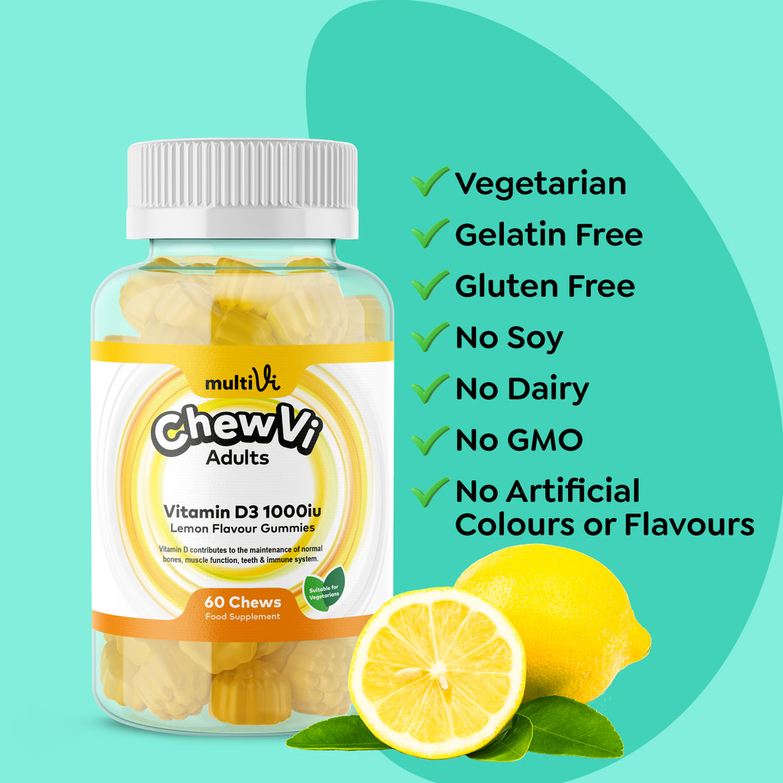 Chewvi Vitamin D£ 1000iu Adult gummies by Multivi on a orange and turquoise background with checklist of allergens and dietary requirements