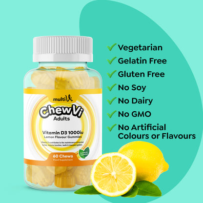Chewvi Vitamin D£ 1000iu Adult gummies by Multivi on a orange and turquoise background with checklist of allergens and dietary requirements