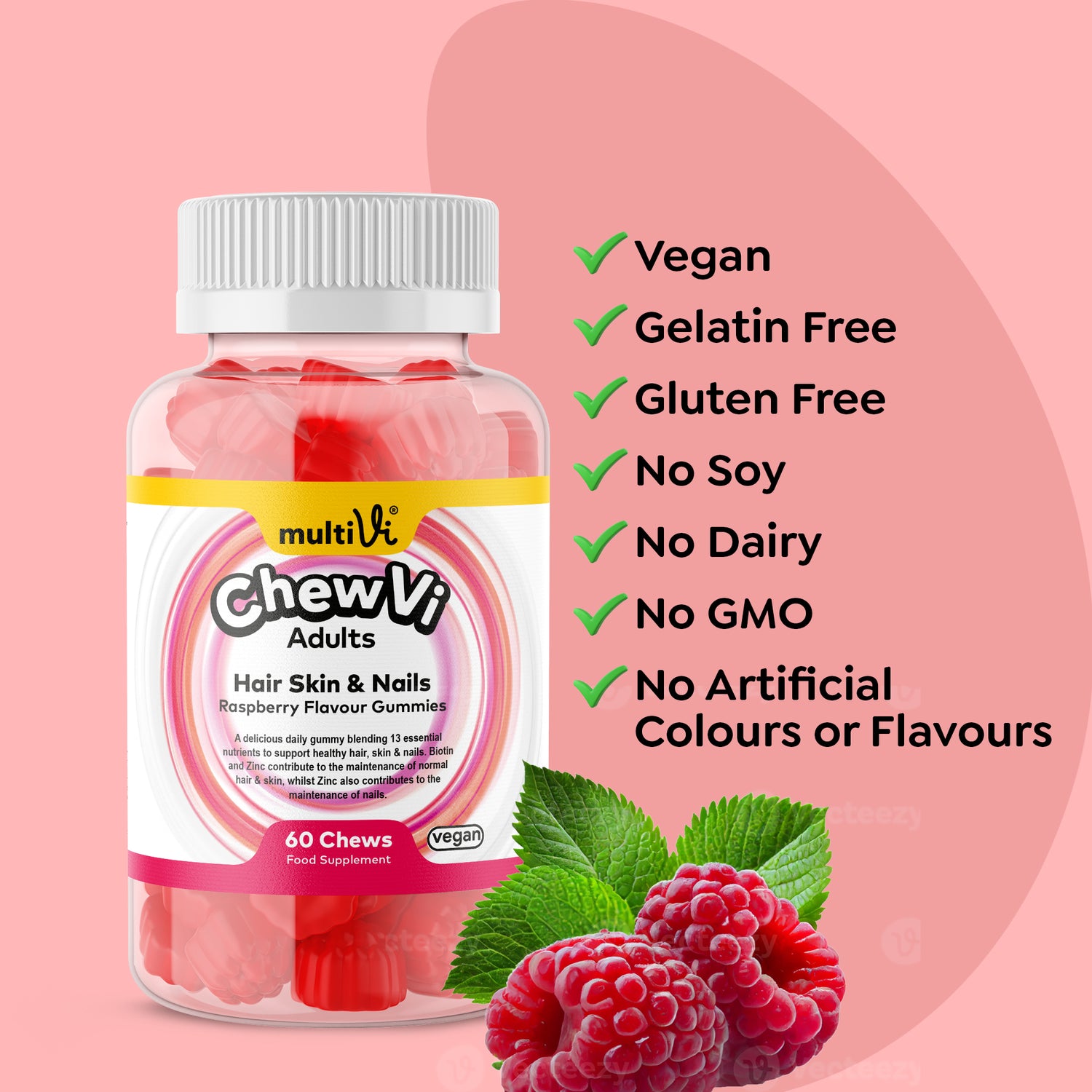 Chewvi Hair Skin and Nails Adult gummies by Multivi on a orange and pinkbackground with checklist of allergens and dietary requirements