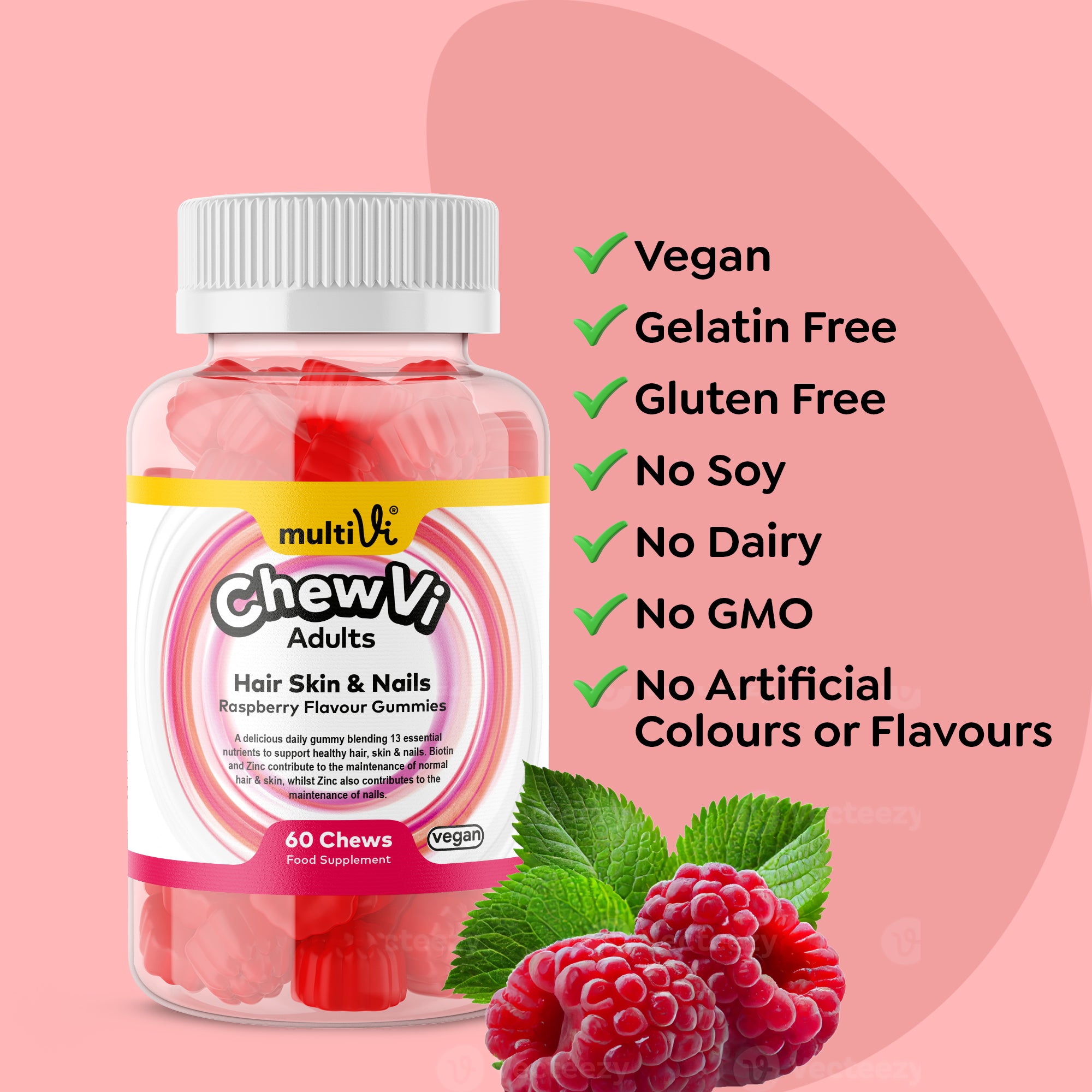 Chewvi Hair Skin and Nails Adult gummies by Multivi on a orange and pinkbackground with checklist of allergens and dietary requirements