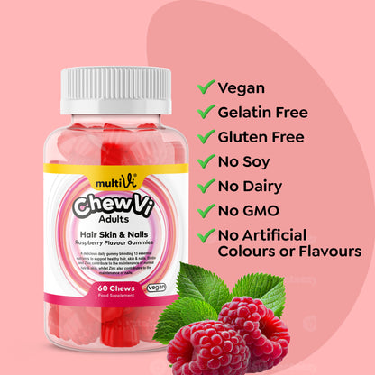Chewvi Hair Skin and Nails Adult gummies by Multivi on a orange and pinkbackground with checklist of allergens and dietary requirements