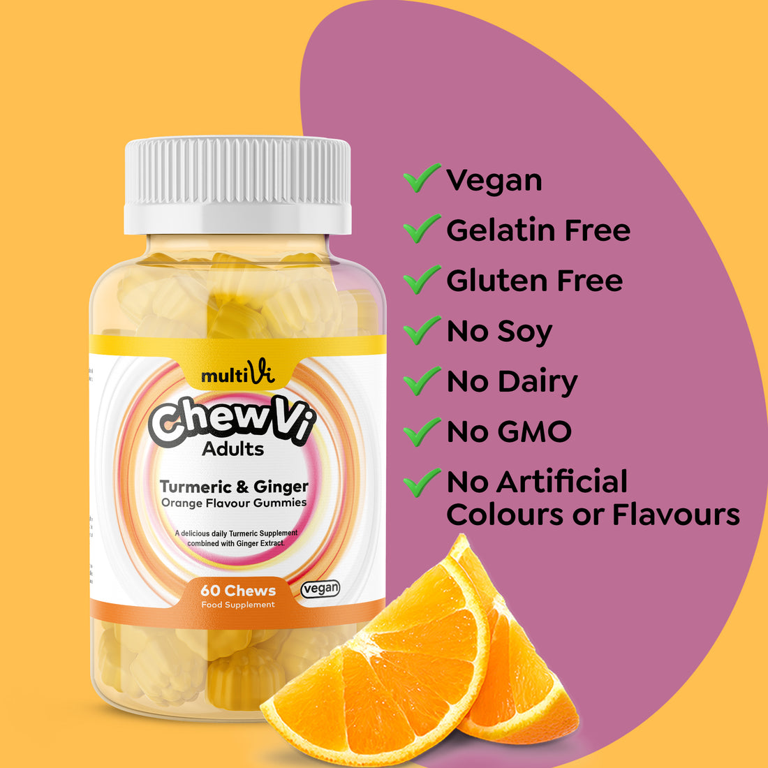 Chewvi Tumeric &amp; Ginger gummies by Multivi on a orange and purple background with checklist of allergens and dietary requirements