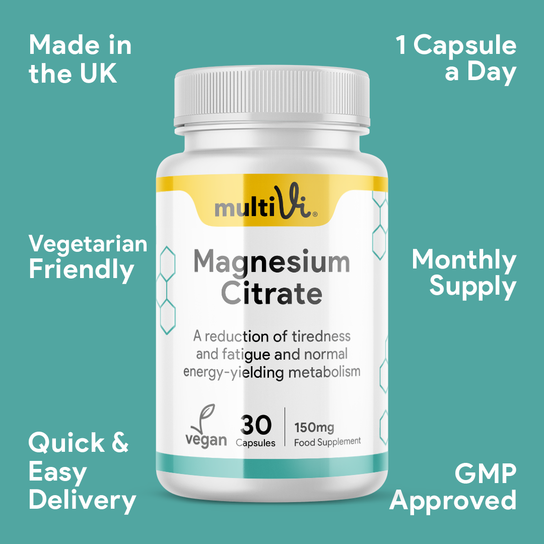 MultiVi Magnesium citrate capsules information on a teal background showing uk made, vegetarian, month supply, 1 capsule per day and gmp approved.