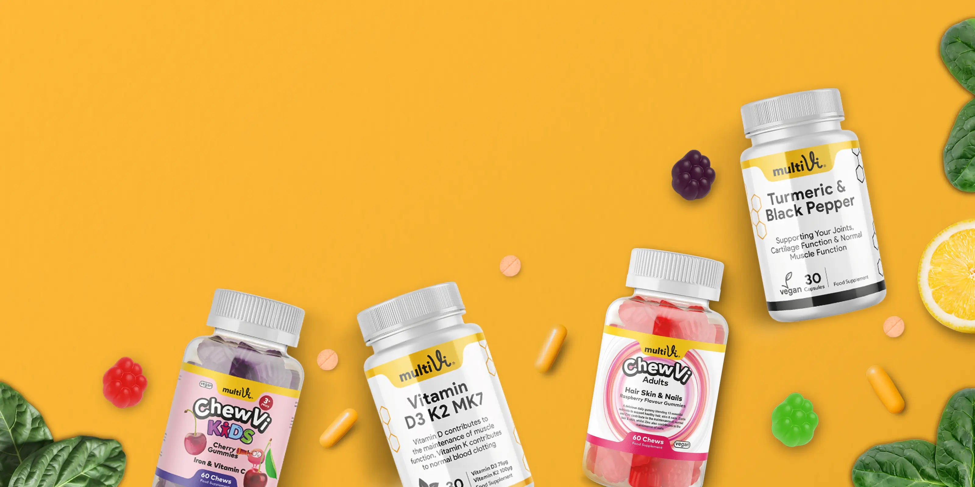 Multivi Supplement bottles on a yellow background with various colorful elements