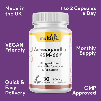 Multivi Ashwagandha KSM-66 supplement bottle on a purple background with text about product features.