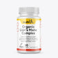 A bottle of Organic Lion's Mane Complex supplement with Acerola & Black Pepper. The label indicates it's a vegan formula, a food supplement, and that it contains 30% polysaccharides of Lion's Mane, 25% vitamin C in Acerola, and 95% piperine in Black Pepper.