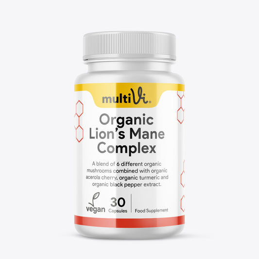 A bottle of Organic Lion's Mane Complex supplement with Acerola & Black Pepper. The label indicates it's a vegan formula, a food supplement, and that it contains 30% polysaccharides of Lion's Mane, 25% vitamin C in Acerola, and 95% piperine in Black Pepper.