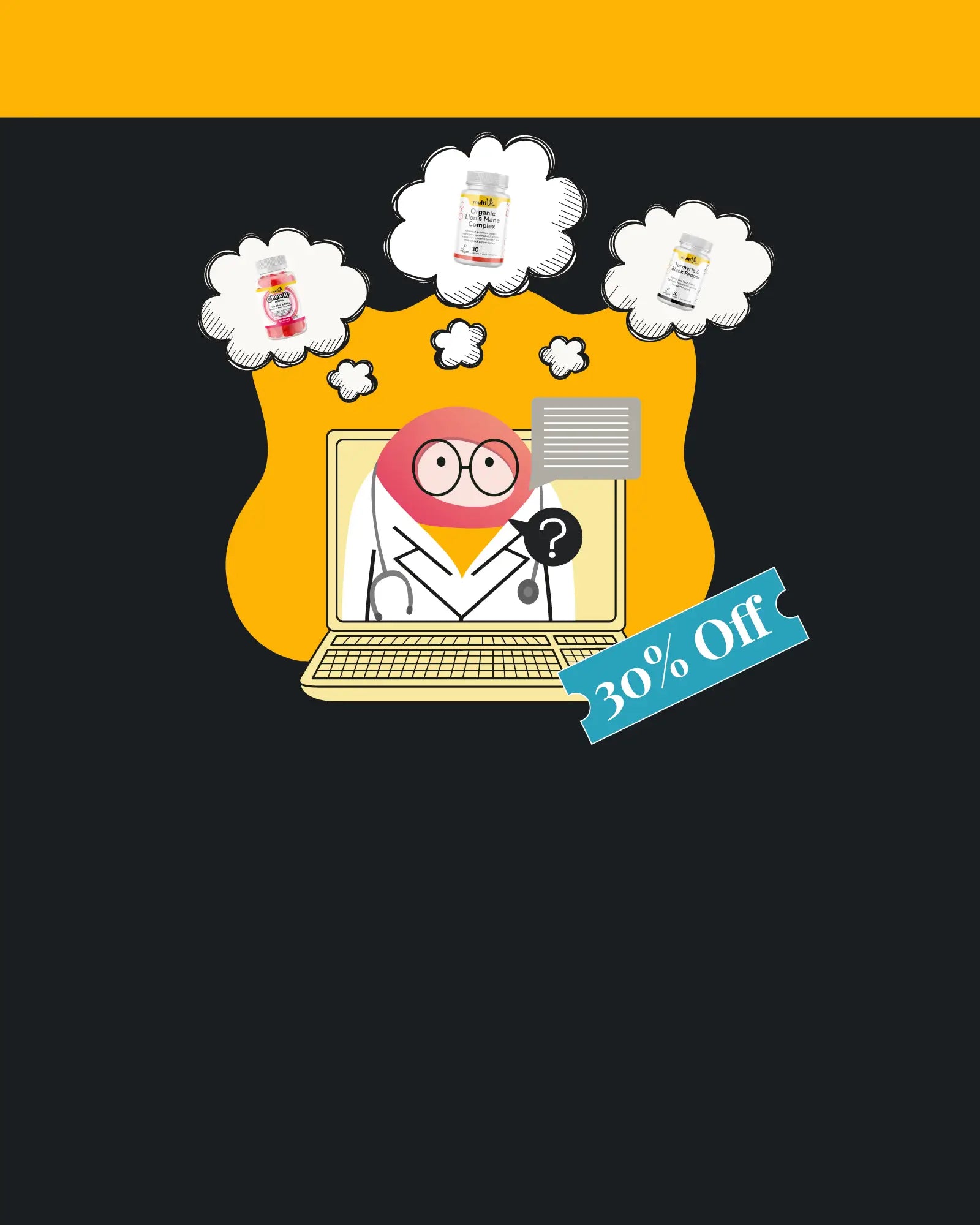 Cartoon character with a laptop, stethoscope, and '30% Off' sign on a black background for health quiz and personalised nutrition