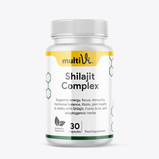 Multivi Shilajit Complex KSM-66® supplement bottle on a white background