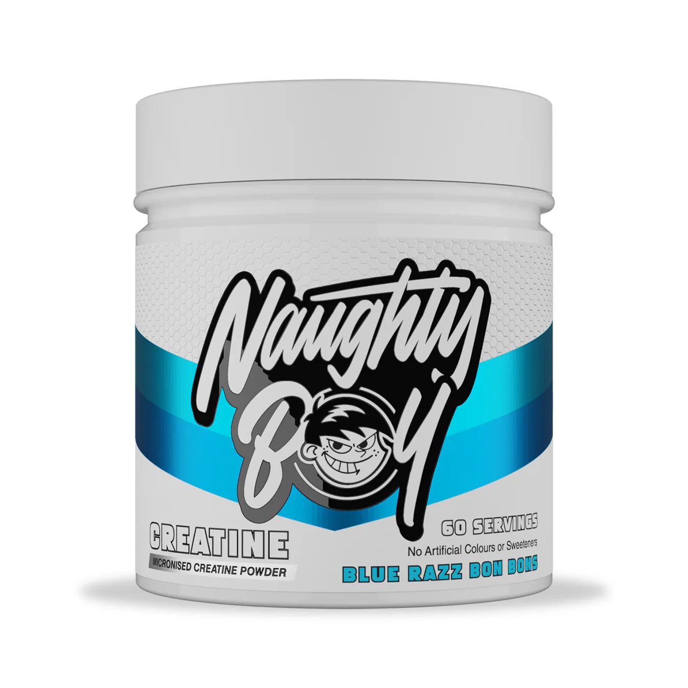Blue Razz Bon Bon Flavoured Naughty Boy Colourful Creatine Tub on White Background