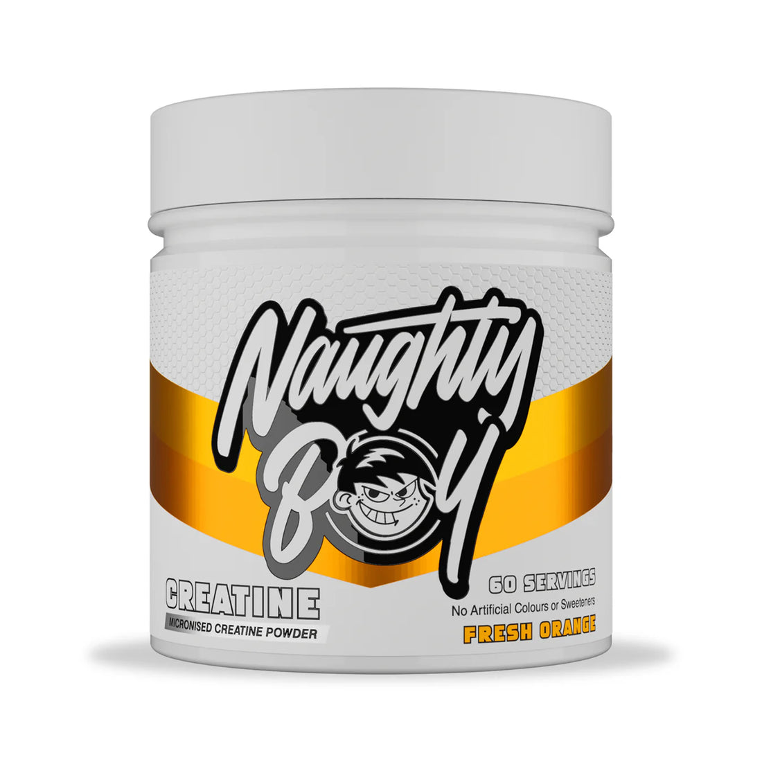 Fresh Orange Flavoured Naughty Boy Colourful Creatine Tub on White Background