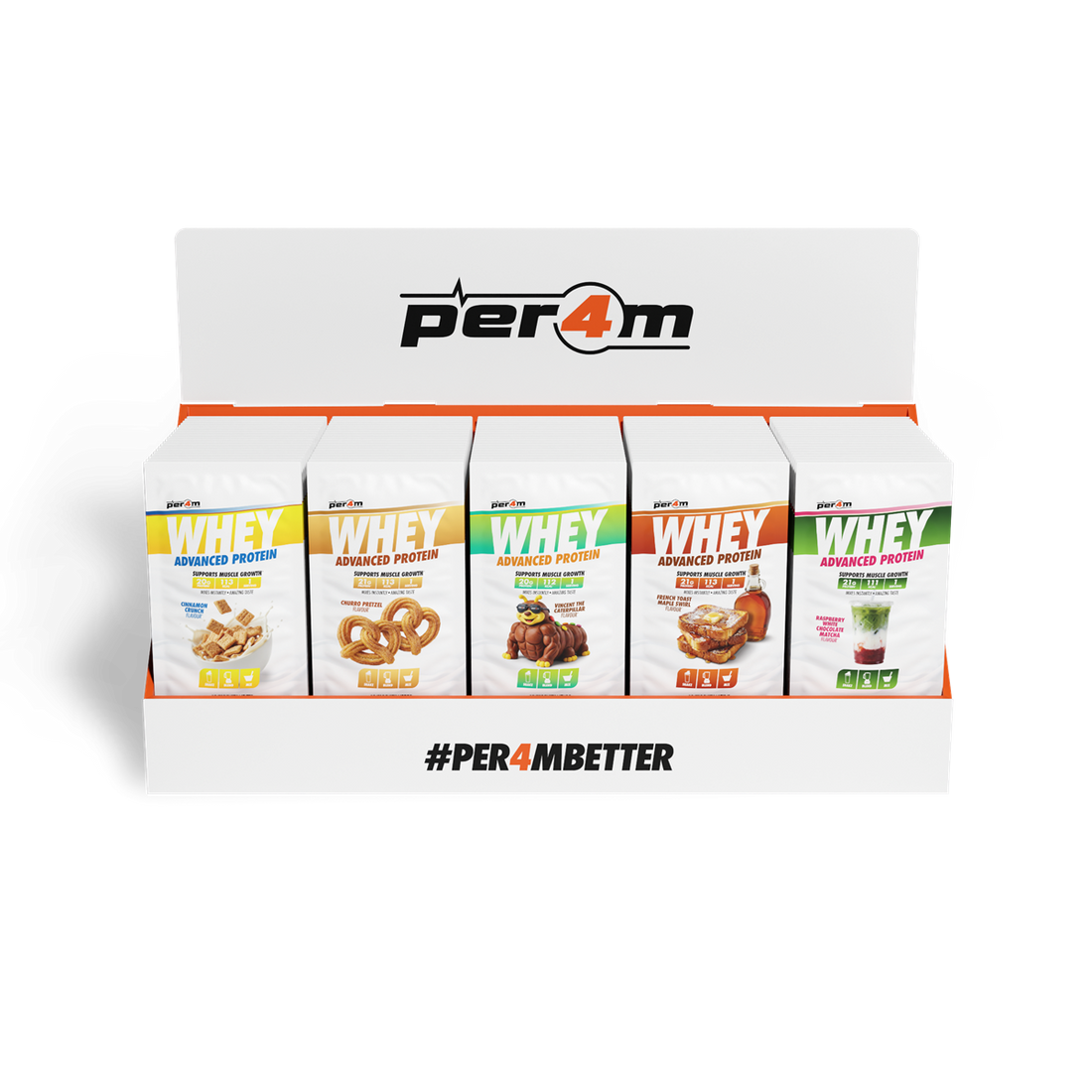 Per4m Advanced Whey Pre-Filled Sachets Counter Top Display Unit (100 Sachets) Variety Pack