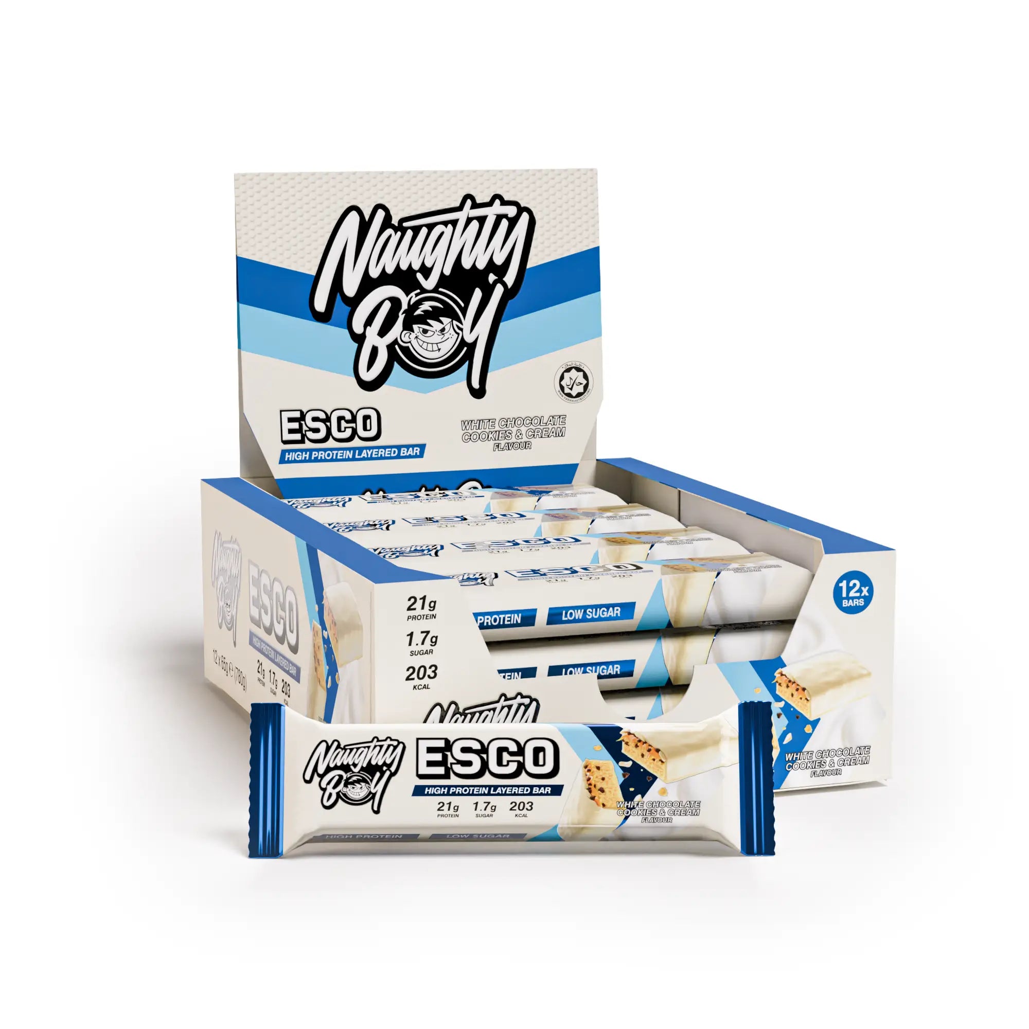 Display box of 12x  Naughty Boy  white chocolate and cream ESCO protein bars on a white background
