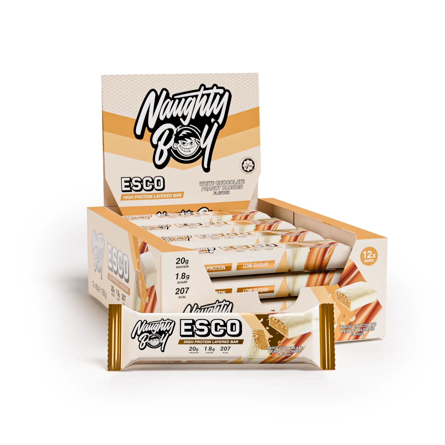 Display box of 12x  Naughty Boy white chocolate and peanut butter ESCO protein bars on a white background