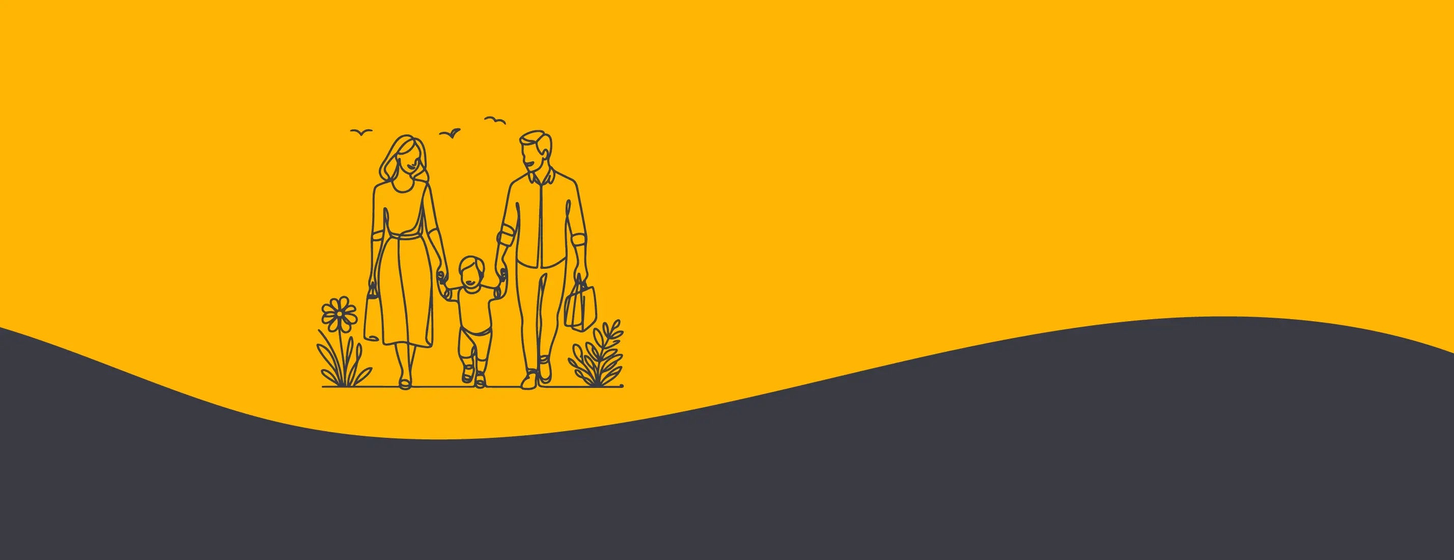 Outline of a family with two children walking on a yellow background