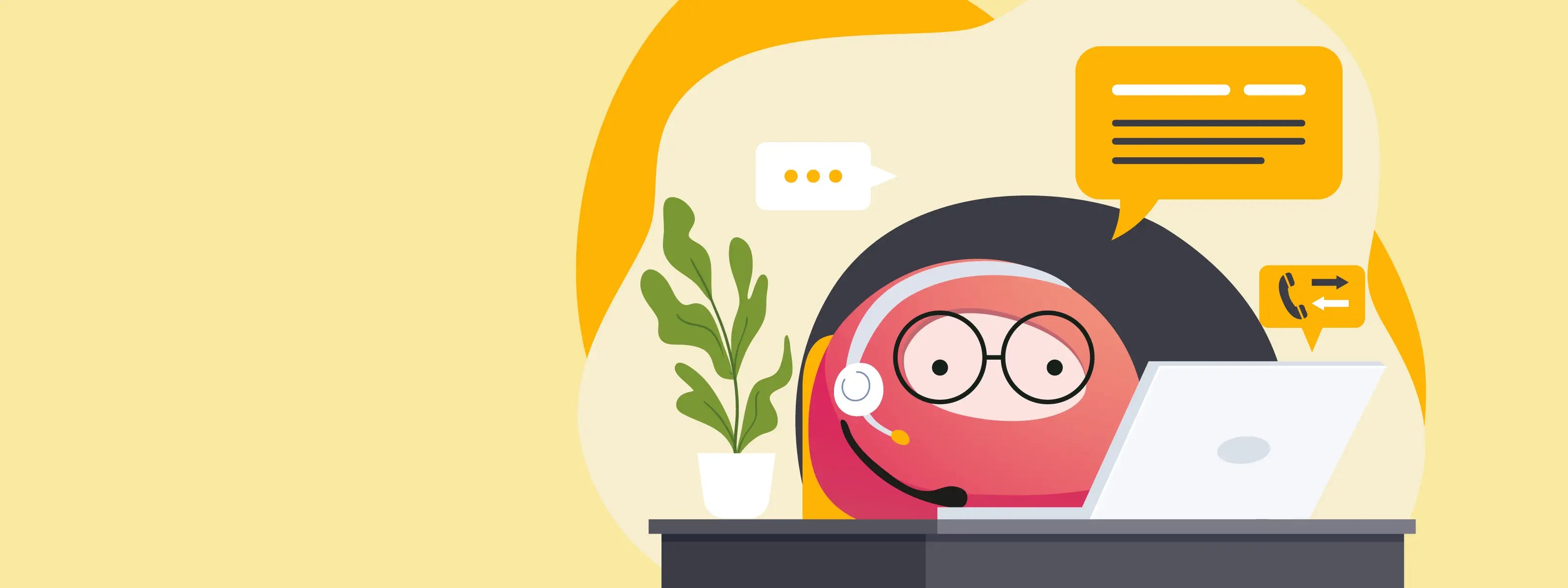 Multivi's Cartoon Character, sitting at a desk illustrating customer support with laptop and headset