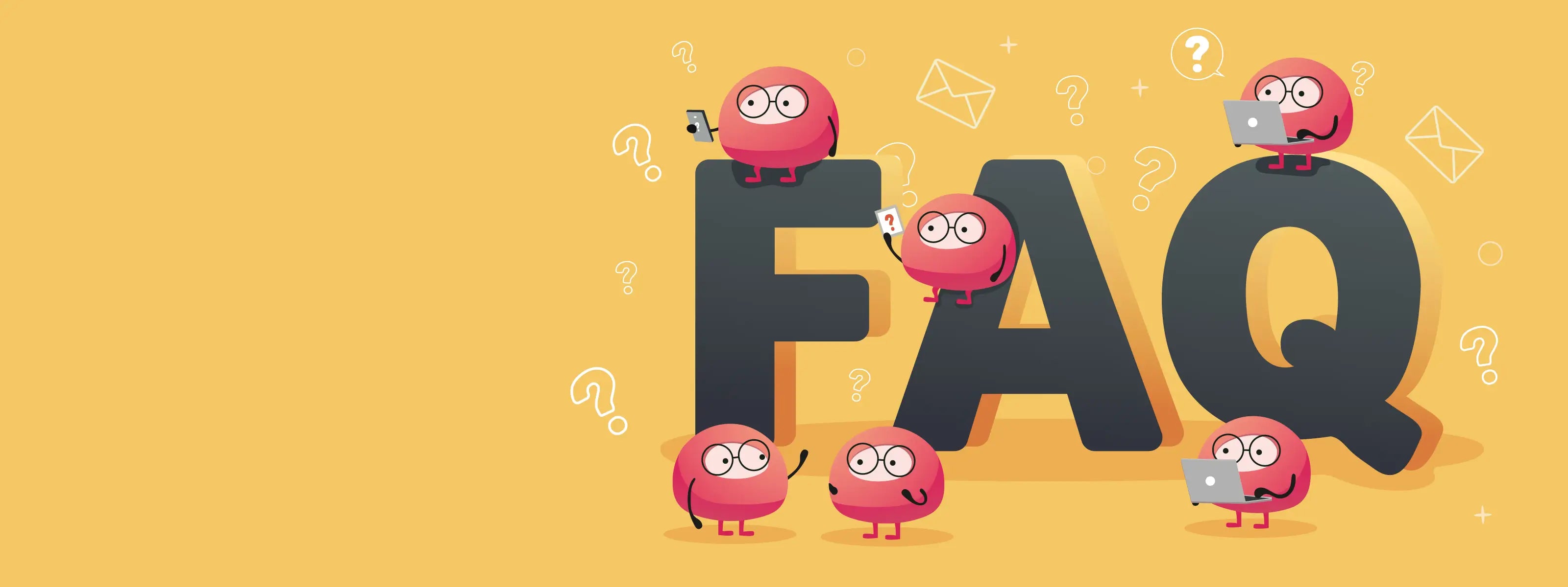 Multivi's Cartoon characters around the word 'FAQ' on a yellow background