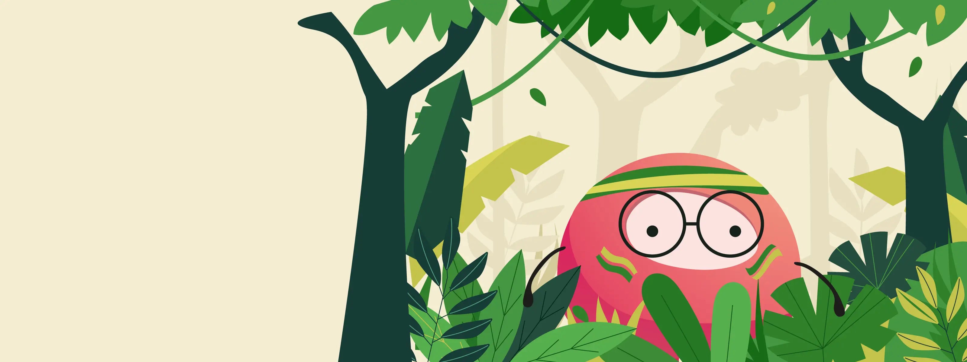 Cartoon character with glasses and a bandana in a jungle setting wearing camouflaged face paint